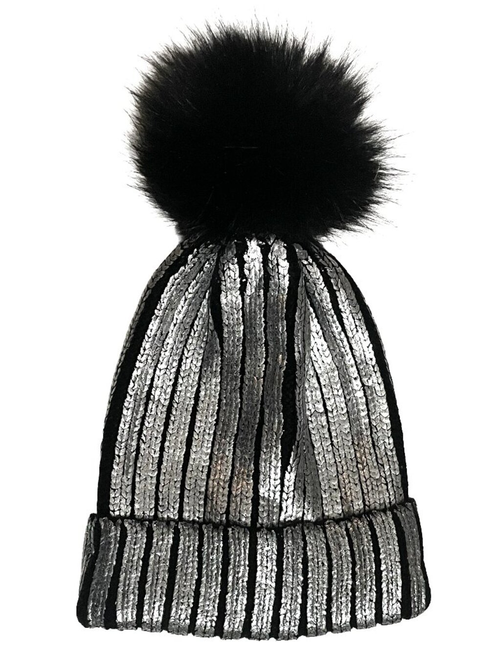 Authentic JUSTICE Metallicized Knit Hat With Faux Fur Pom